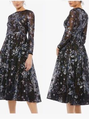 Mac Duggal Embellished Illusion Long Sleeve Midi Dress Size 2 Sequin Beaded